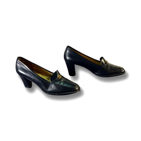 GUCCI - Vintage Black Leather Heeled Loafers - Picture 3 of 9
